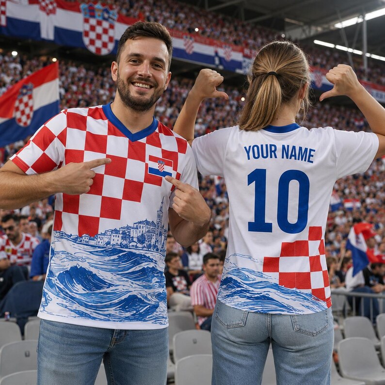 A man and a woman are standing in a stadium, both wearing red and white soccer jerseys with the number 10 on the back. They are smiling and posing for the camera.