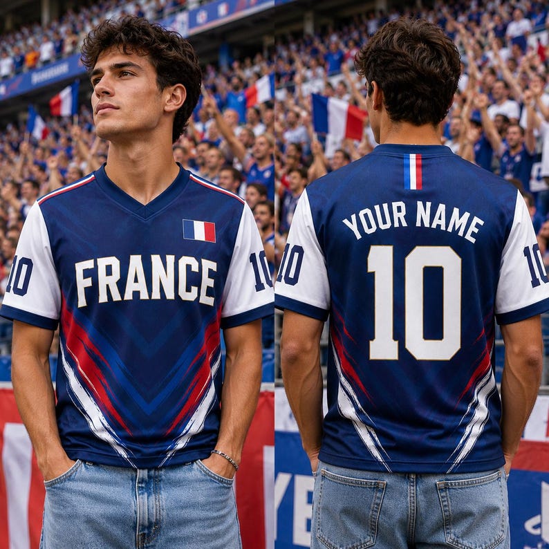 A young man wearing a blue and red jersey with the word "France" on it, standing in front of a crowd of people waving French flags.