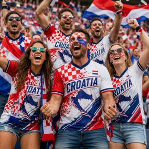 A group of enthusiastic Croatia fans celebrating at a sporting event, wearing matching team jerseys and waving flags.