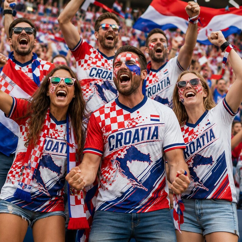 A group of enthusiastic Croatia fans celebrating at a sporting event, wearing matching team jerseys and waving flags.