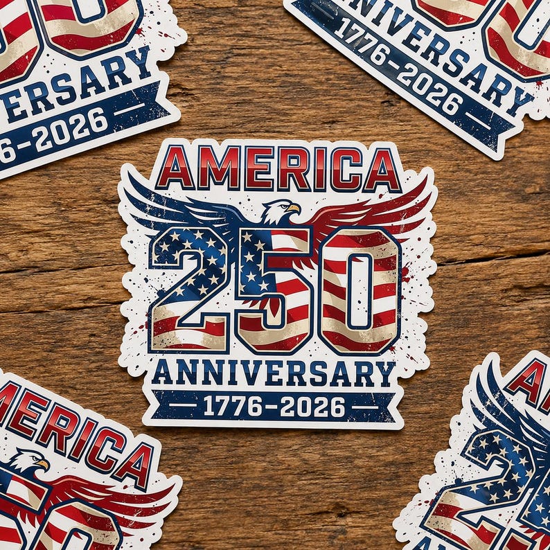 a collection of stickers celebrating the 250th anniversary of the United States. The stickers feature the American flag and the text "AMERICA 250 ANNIVERSARY 1776-2026" prominently displayed.