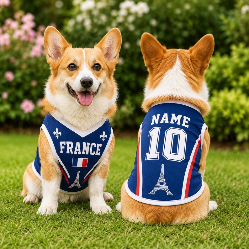 Two dogs wearing blue jerseys with the word "France" and the Eiffel Tower logo, sitting on a grassy lawn.
