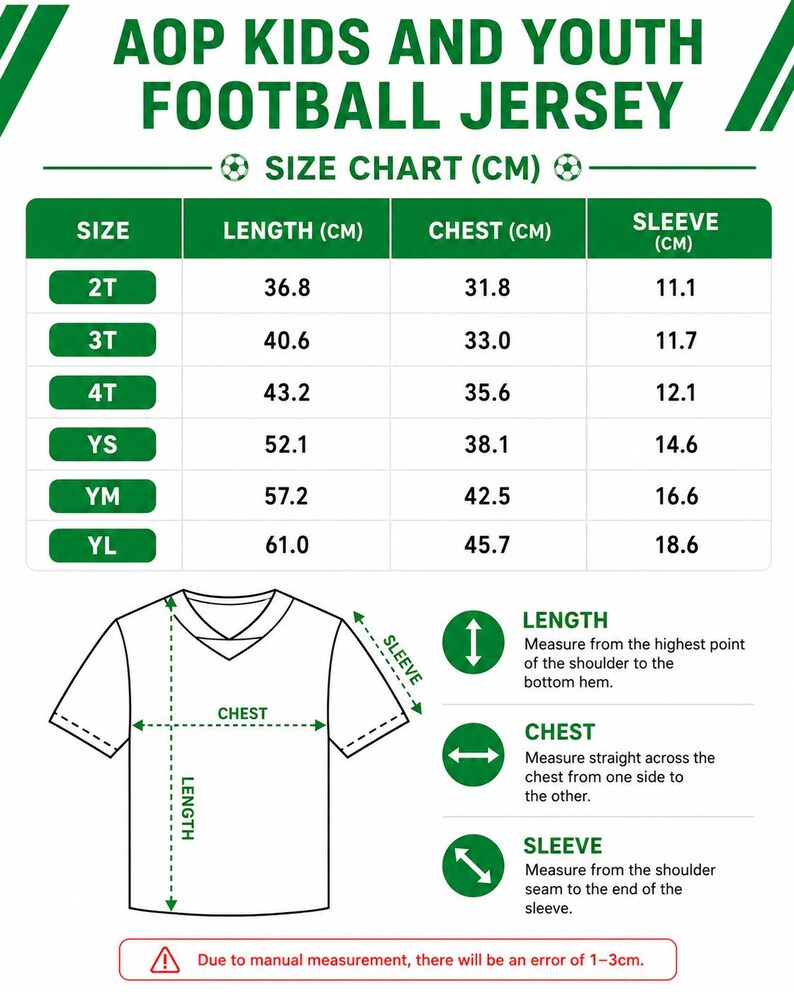 The image is a size chart for children's and youth football jerseys, providing measurements for chest, sleeve, and waist sizes.