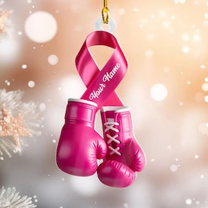 Personalized Boxing Gloves Ornament, Pink Ribbon, Breast Cancer Awareness