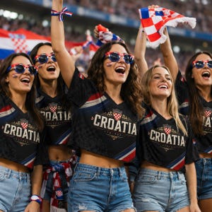A group of women wearing Croatia national team jerseys and sunglasses are enthusiastically cheering at a sporting event.