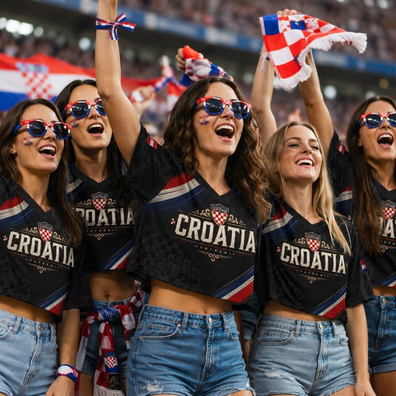 A group of women wearing Croatia national team jerseys and sunglasses are enthusiastically cheering at a sporting event.