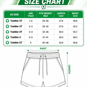 The image is a size chart for kid soccer shorts, providing measurements and corresponding age groups for different sizes.