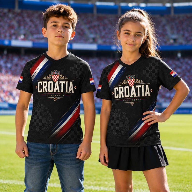 Two children wearing black t-shirts with red, white, and blue stripes and the word "Croatia" printed on them, standing on a soccer field.