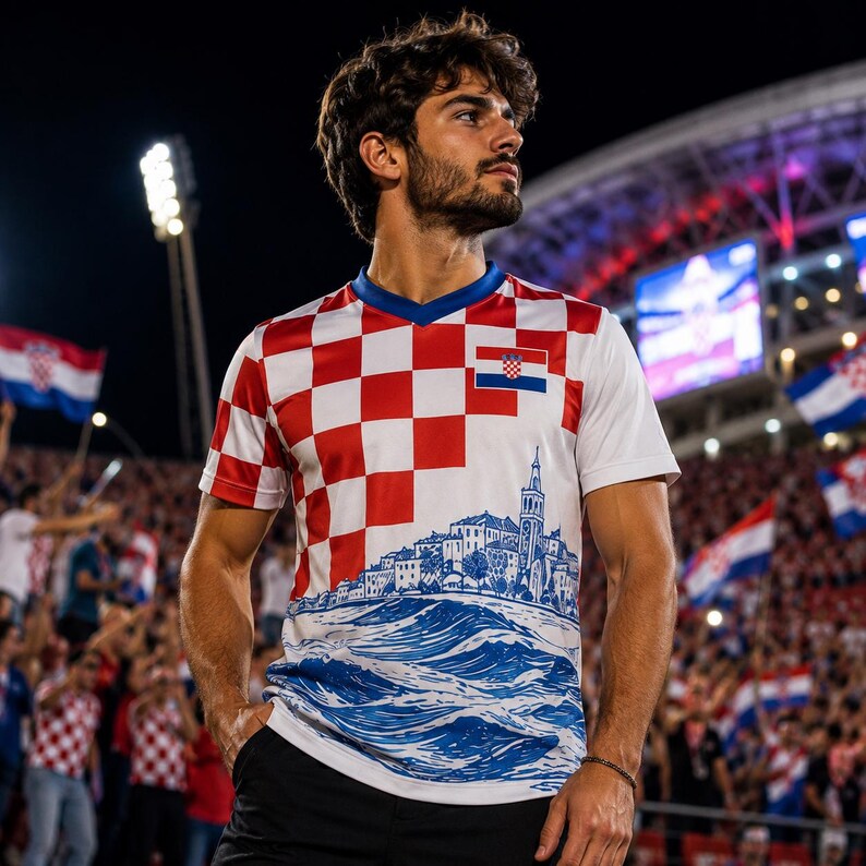 A man wearing a red and white checkered jersey stands in front of a crowd at a sports event, with a large stadium and a large screen in the background.