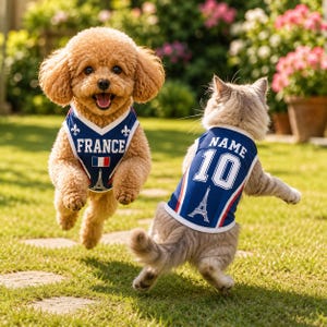 A small dog wearing a blue jersey with "FRANCE" and a cat wearing a blue jersey with "NAME 10" are playing together in a garden.