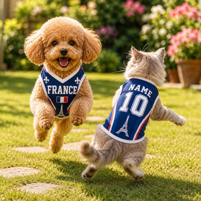 A small dog wearing a blue jersey with "FRANCE" and a cat wearing a blue jersey with "NAME 10" are playing together in a garden.