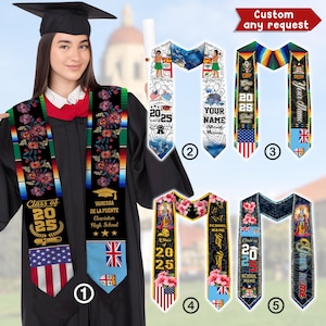 May include: Graduation stoles with various designs. One features the text "Class of 2025", the American flag, and the Fiji flag. Another has the text "Your Name" and "School Name". Other stoles have floral patterns and the text "Custom any request".