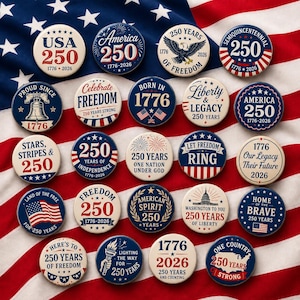 a collection of 25 patriotic buttons celebrating the 250th anniversary of the United States, set against the backdrop of the American flag.