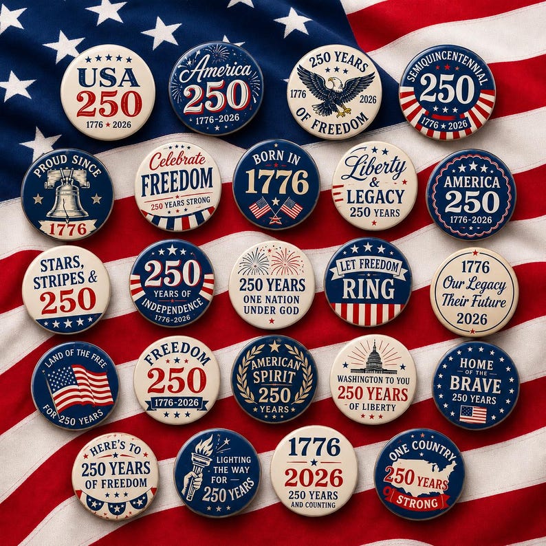 a collection of 25 patriotic buttons celebrating the 250th anniversary of the United States, set against the backdrop of the American flag.