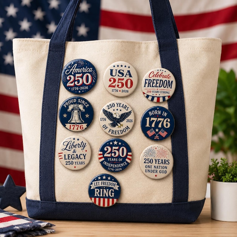 A tote bag with patriotic buttons celebrating the 250th anniversary of the United States, including the Liberty and Legacy 250th years, and the Born in 1776 250th year of freedom.