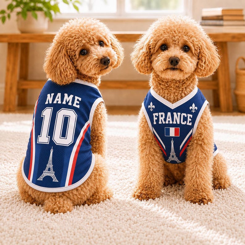 Two adorable poodle dogs wearing blue jerseys with the text "France" and the Eiffel Tower logo, sitting on a carpeted floor.