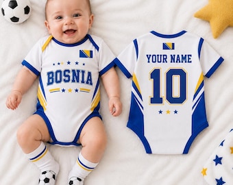 Body personalizado para bebé de Bosnia, pelele de fútbol de Bosnia, conjunto personalizado con nombre y número para bebé, regalo para baby shower con la bandera