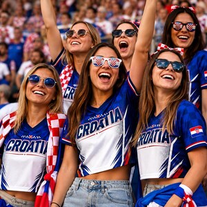 A group of smiling women wearing blue and red Croatia jerseys and sunglasses, cheering enthusiastically at a sporting event.