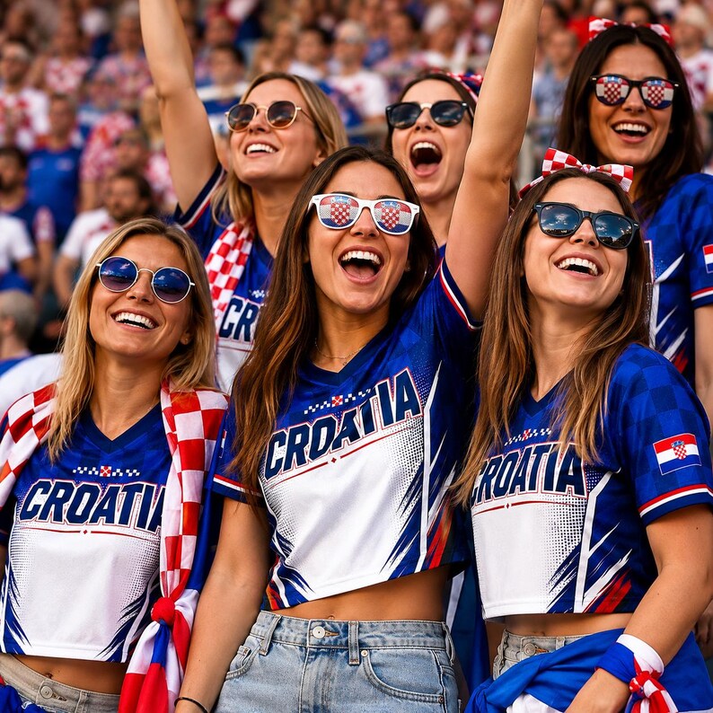 A group of smiling women wearing blue and red Croatia jerseys and sunglasses, cheering enthusiastically at a sporting event.