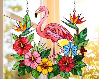 Flamenco de vidrio falso con flores tropicales, atrapasol, decoración colorida para colgar en la ventana, regalo para amantes de la naturaleza, regalo para ella