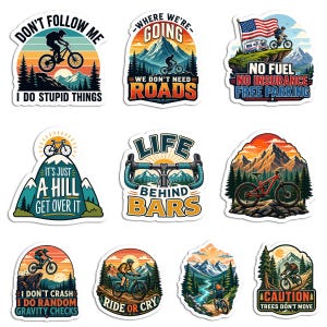 May include: A collection of mountain biking-themed stickers. Each sticker features a mountain biker with text such as "Don't Follow Me, I Do Stupid Things," "Life Behind Bars," and "Ride or Cry." The stickers have a colorful, outdoorsy design.