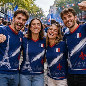 A group of four people, two men and two women, are standing together and smiling, wearing blue shirts with the Eiffel Tower printed on them.
