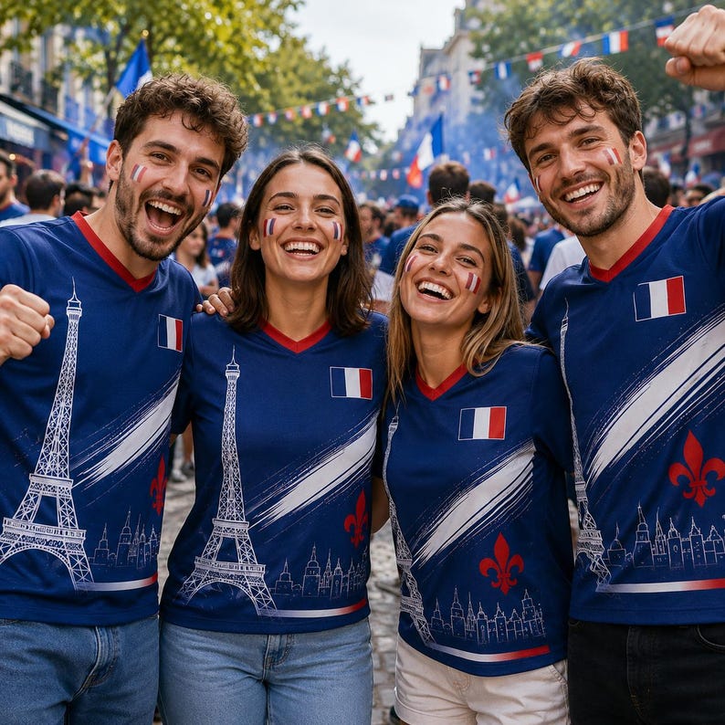 A group of four people, two men and two women, are standing together and smiling, wearing blue shirts with the Eiffel Tower printed on them.