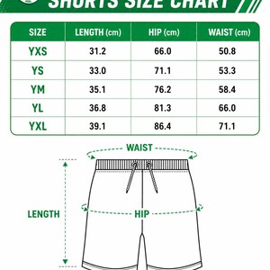 The image is a youth soccer shorts size chart that provides measurements for different sizes, including XS, YS, YM, YL, and XXL. The chart includes a diagram of the shorts with measurements for waist, hip, and length. The chart also includes a warning that due to manual measurement, a 1-3 cm difference is allowed.