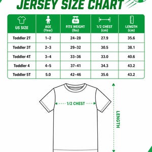 The image is a size chart for a kid soccer jersey, providing measurements for different age groups and chest sizes.