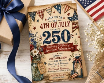 Tarjetas de invitación para el 4 de julio, 250 aniversario de Estados Unidos (5,3 x 8 pulgadas)