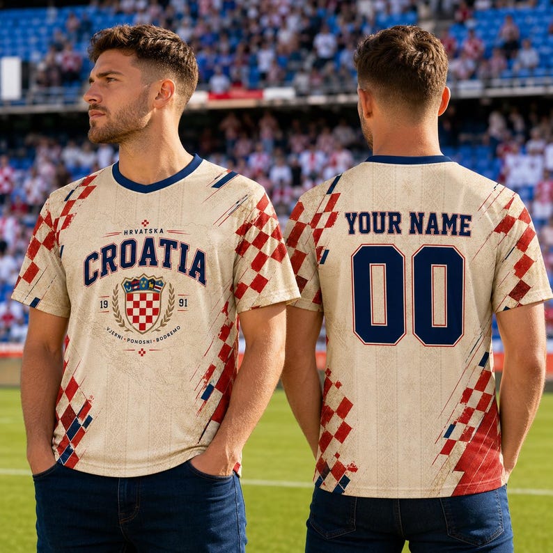 A man wearing a Croatia national team jersey with the name "Cristiano" and the number "00" on the back.