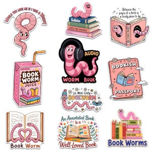 Bookworm Sticker Pack, Cute Reading Book Lover Stickers,  Bibliophile, Journal Laptop Vinyl Decals for Teachers and Students, Bookish Gift