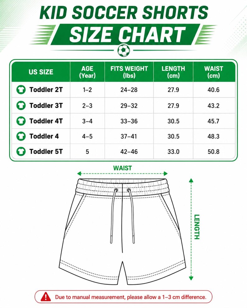 The image is a size chart for kid soccer shorts, providing measurements and corresponding age groups for different sizes.