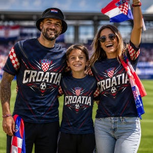 A man, a woman, and a child are standing together, smiling and wearing matching Croatia soccer jerseys.