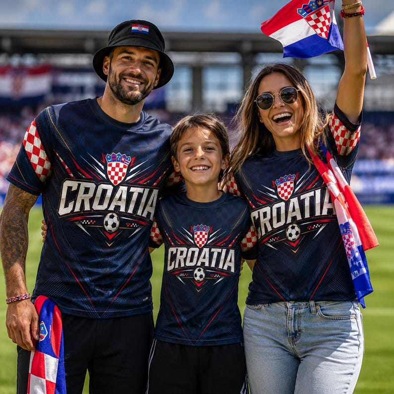A man, a woman, and a child are standing together, smiling and wearing matching Croatia soccer jerseys.
