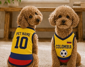 Personalized Colombia Pet Soccer Jersey, Soccer Outfit for Dogs Cats, Colombia Football Shirt Name Number, Cute Puppy Sportswear