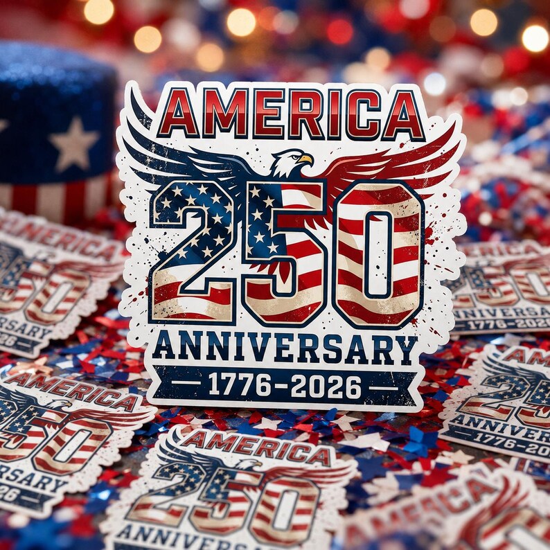 a sticker celebrating the 250th anniversary of the United States, with an eagle and the American flag design.