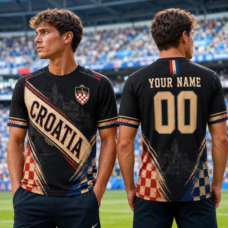 A man wearing a black and gold Croatia soccer jersey with the name "Cromatia" and the number "00" on the back.