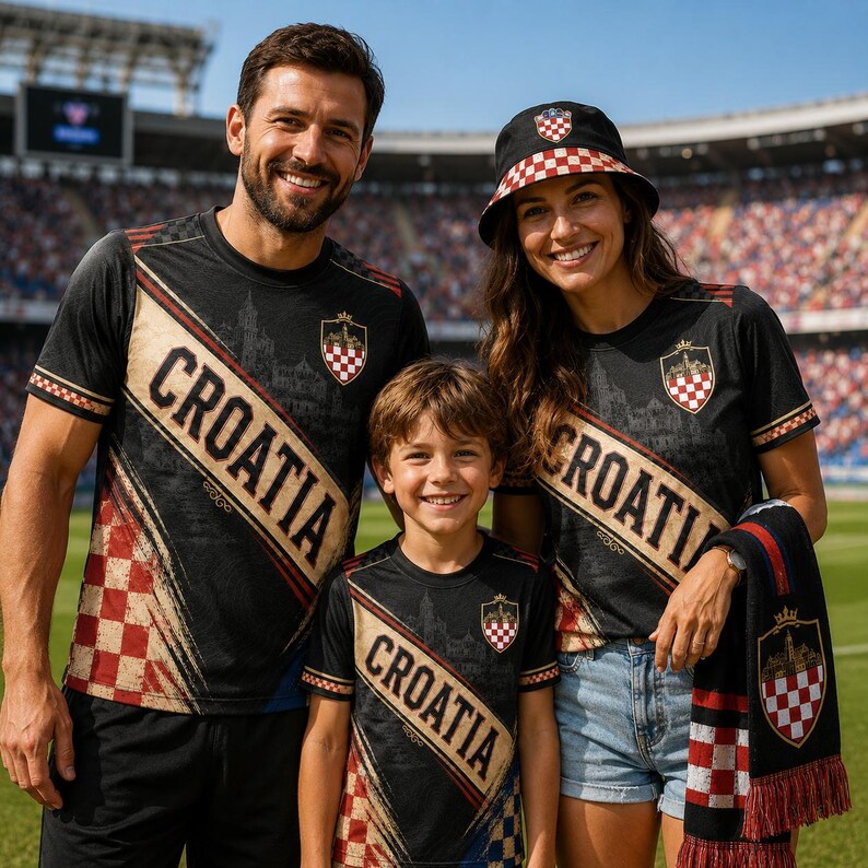 A man, a woman, and a child wearing black and red Croatia soccer jerseys and a matching hat stand together on a soccer field.