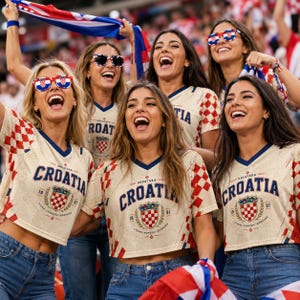 A group of enthusiastic Croatian soccer fans, wearing matching jerseys and waving a national flag, cheering and celebrating at a sporting event.