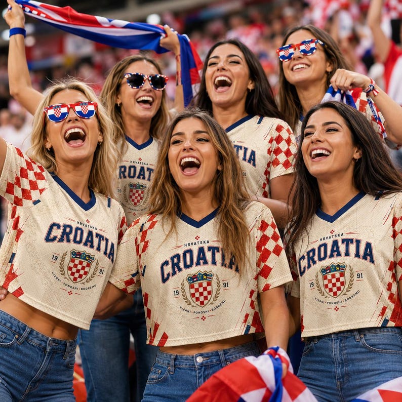 A group of enthusiastic Croatian soccer fans, wearing matching jerseys and waving a national flag, cheering and celebrating at a sporting event.