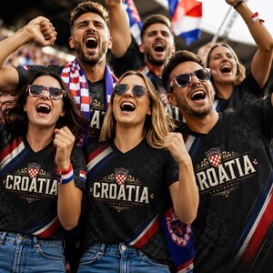 A group of enthusiastic Croatia fans celebrating at a sporting event, wearing matching team jerseys and cheering with excitement.
