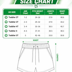 The image is a size chart for kid soccer shorts, providing measurements and corresponding age groups for different sizes.