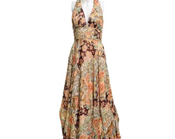 Paisley Beaded Halter Maxi Dress Gown Small Multicolor Boho Formal Y2K Earthy