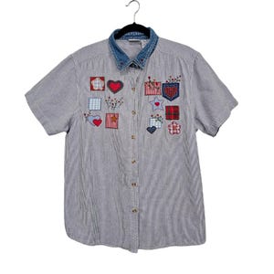 VTG Button Up Shirt Womens XL Blue Railroad Stripe Patchwork Cottage Teachercore