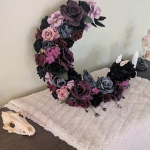 Moon Phase Wreath, Pink, Purple and Black with Moon Phase Pendant and Cloaked Spirit Figure Centerpiece