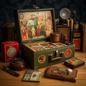 Puede incluir: Un maletín metálico vintage verde oliva abierto, con asa, que muestra una colección de objetos antiguos. Dentro del maletín hay imágenes vintage. Una caja roja con un diseño de brújula y otros objetos vintage están sobre una superficie de madera.