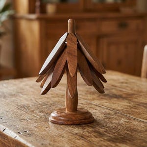 May include: A wooden decorative object with a central stem and radiating leaf-shaped elements. The object is made of a warm-toned wood and sits on a round base. It is displayed on a rustic wooden table, suggesting a home decor item.