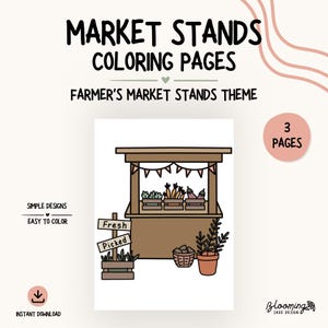Può includere: Una pagina da colorare con un design di bancarella del mercato degli agricoltori. Il testo recita "MARKET STANDS COLORING PAGES" e "FARMER'S MARKET STANDS THEME". La bancarella marrone mostra verdure, con un cartello che dice "Fresh Picked". Include un cesto di patate e una pianta in vaso. Facile da colorare.