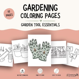 Op de afbeelding: Een set kleurplaten over tuinieren met essentiële tuingereedschappen. De omslag toont de tekst "Gardening Coloring Pages" en "Garden Tool Essentials". De pagina's bevatten illustraties van tuingereedschap, planten en een kas. De afbeelding bevat ook de tekst "Instant Download", "Print at Home" en "Easy to Color".